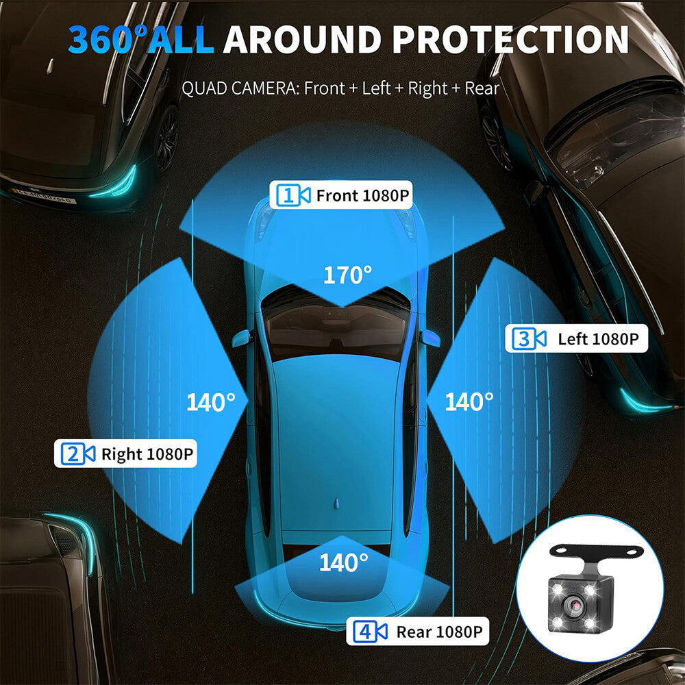 360 Degree View 4 Channel Dash Cam Front and Rear inside Left Right, Dash Camera