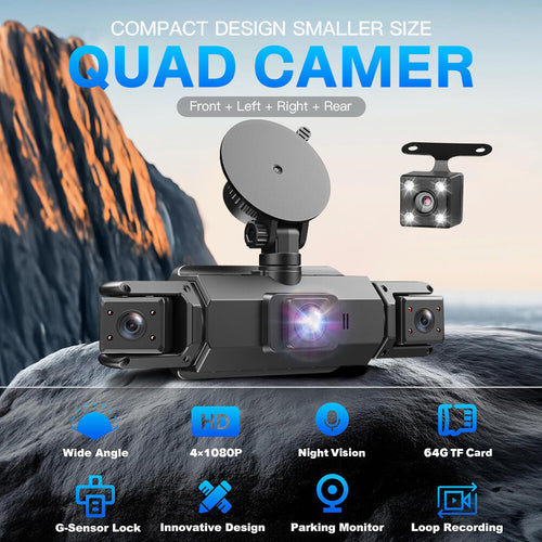 360 Degree View 4 Channel Dash Cam Front and Rear inside Left Right, Dash Camera